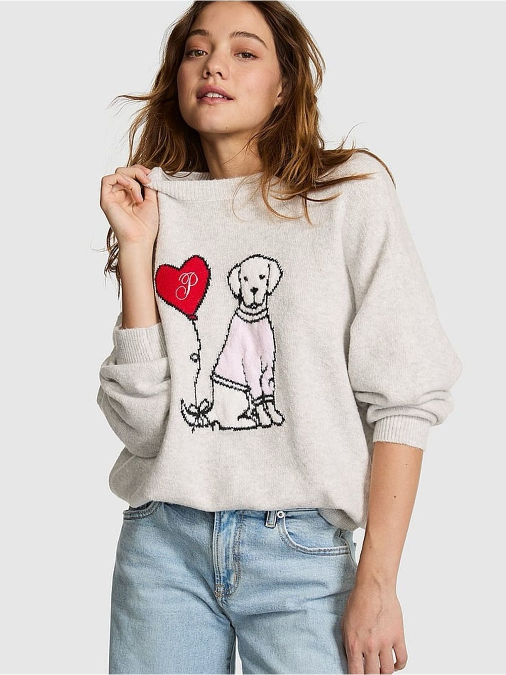 NWT Victoria’s Secret PINK Campus Knit Cream Sweater w/Dog & Balloon Size Large
